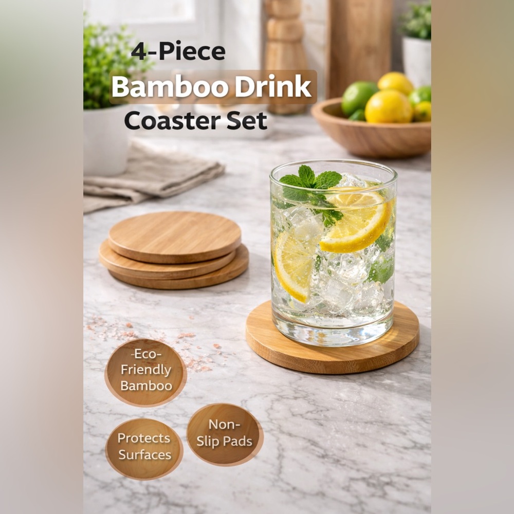 Bamboo Drink Coaster Set - Natural Wood